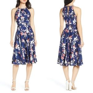 Eliza J Floral Halter Crepe de Chine Midi Dress